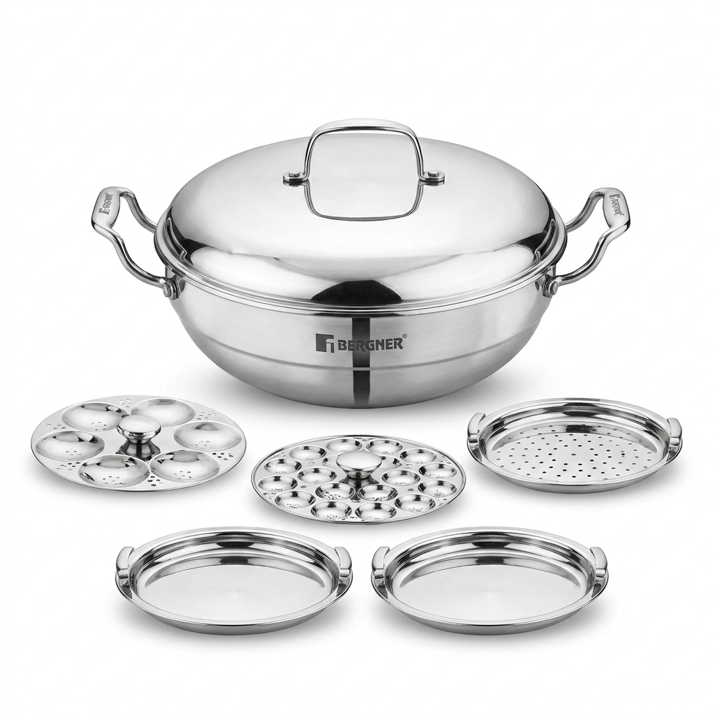 Bergner Argent Triply Multi Kadai 27cm, 4L — Idli, Dhokla & Steam Set