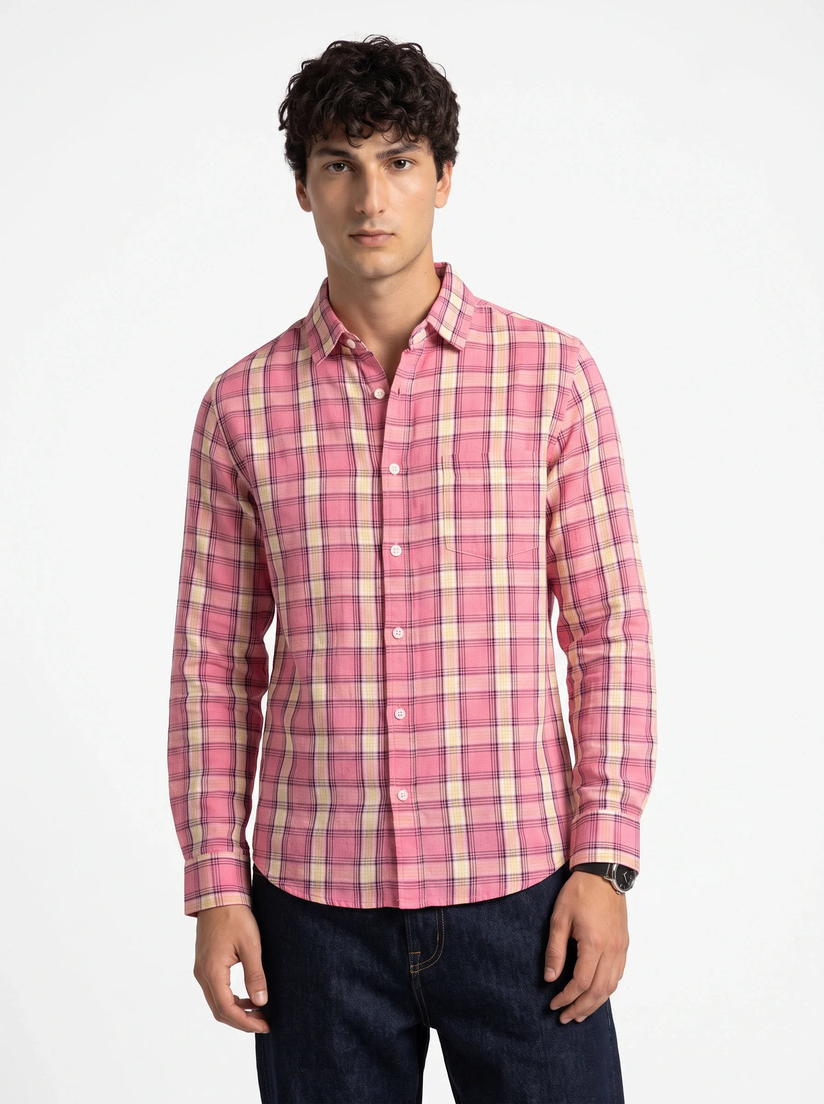 Pink Sorbet Checkered Linen Blend Shirt-1