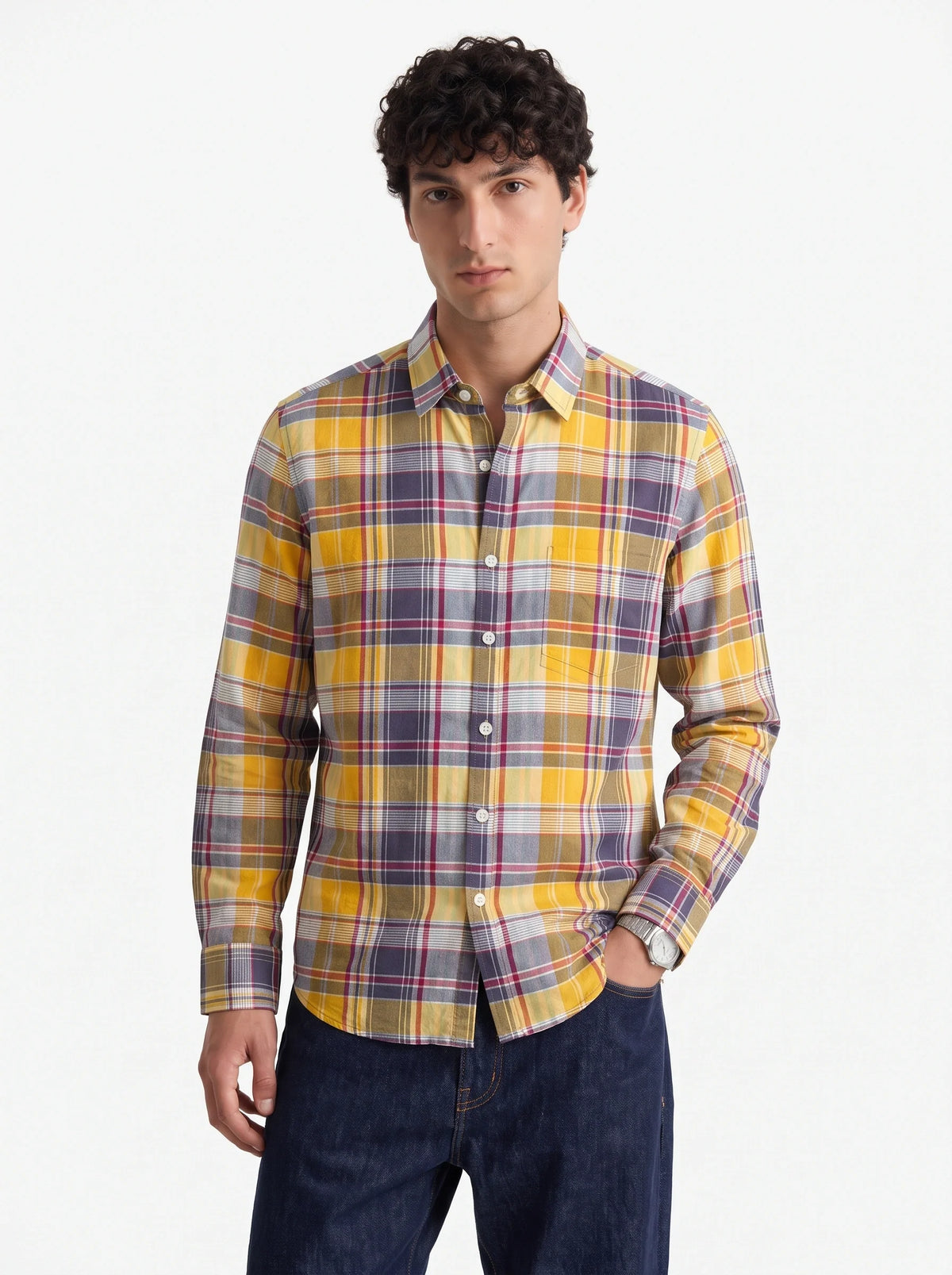 Mustard Blue Madras Checkered Cotton Shirt-1