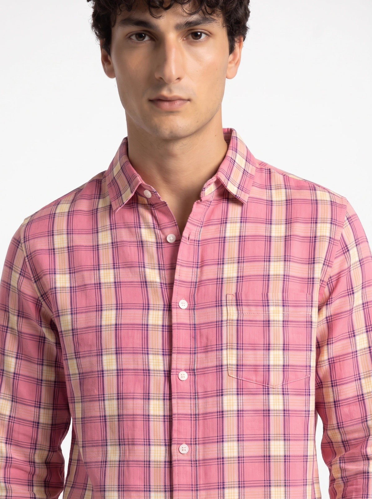Pink Sorbet Checkered Linen Blend Shirt-4