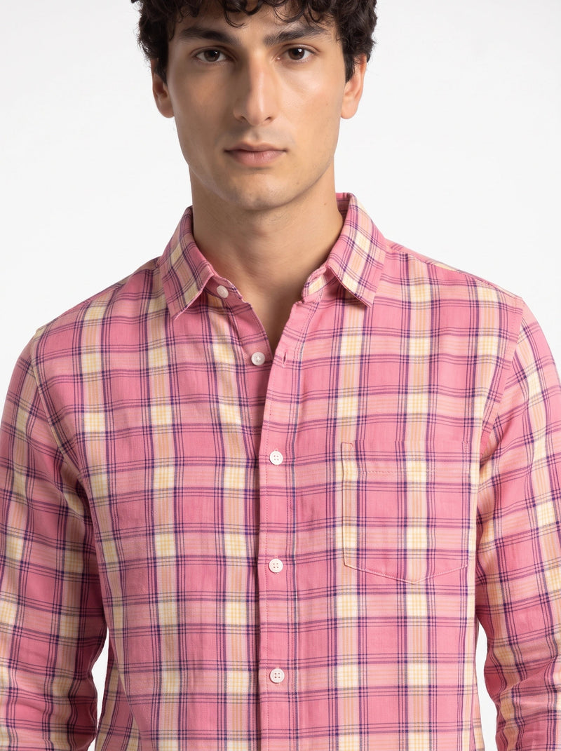 Pink Sorbet Checkered Linen Blend Shirt-4