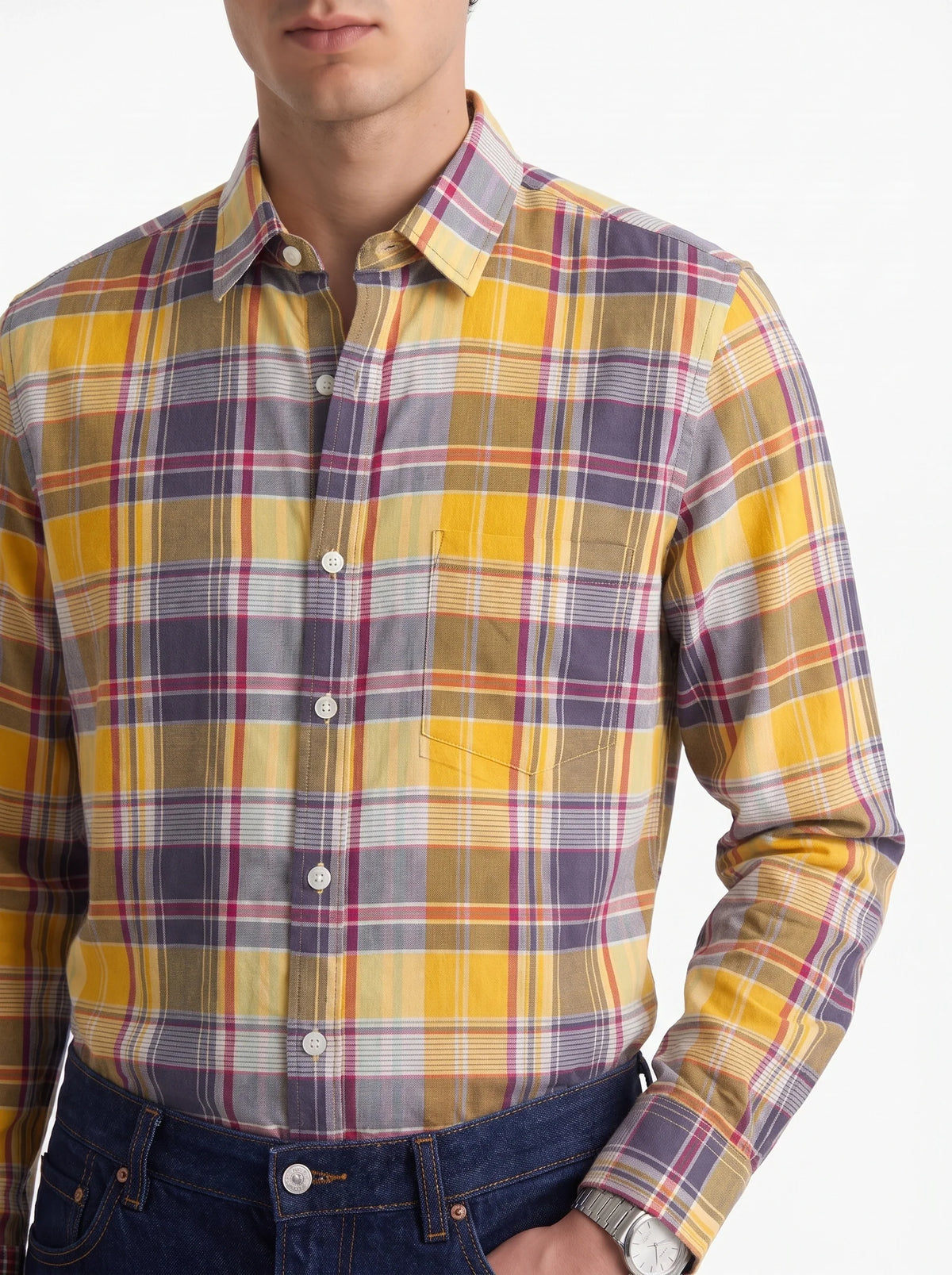 Mustard Blue Madras Checkered Cotton Shirt-4