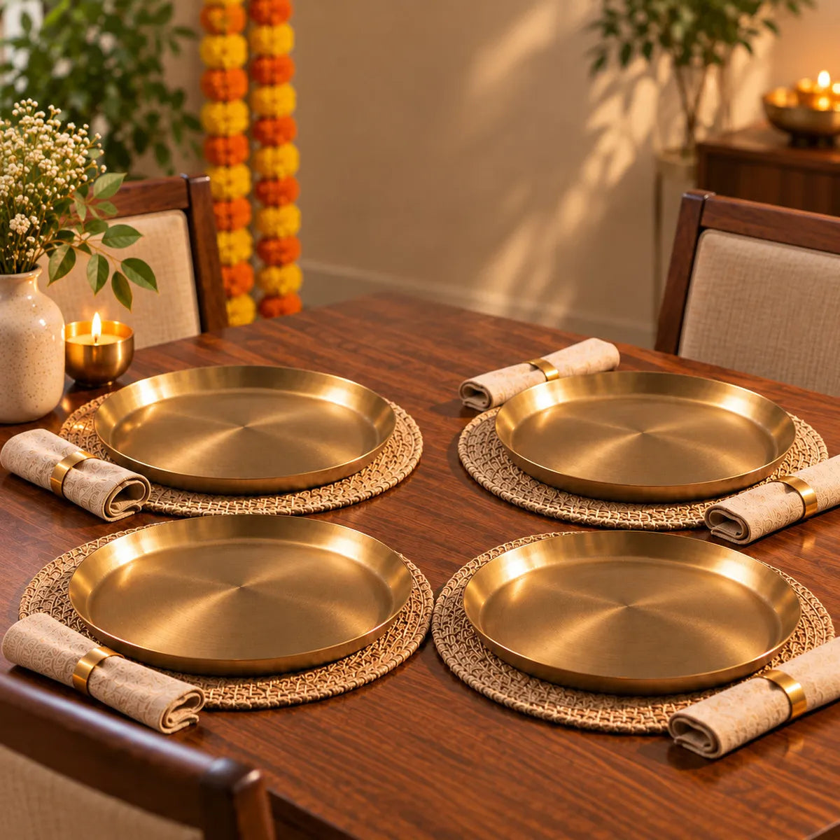 Kansa dinner plates set of 4 on round placemats with napkins. Zishta Bronze Dinnerware.