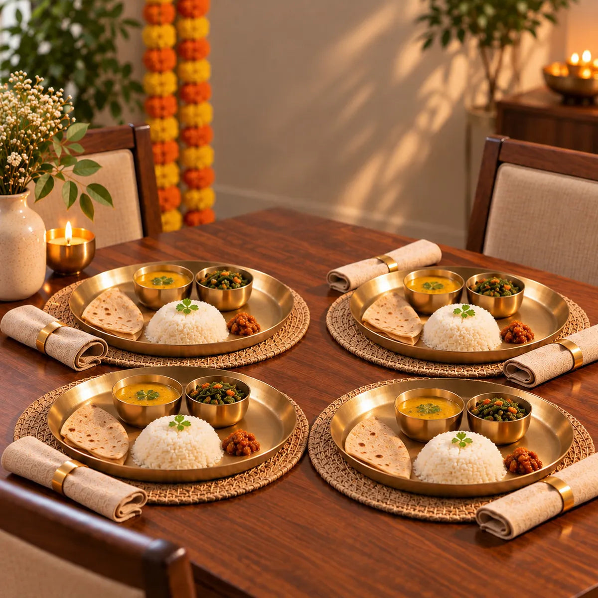 Kansa thali set of 4 served with rice, roti, dal and sabzi on a dining table. Zishta Handcrafted Dinner Plates.