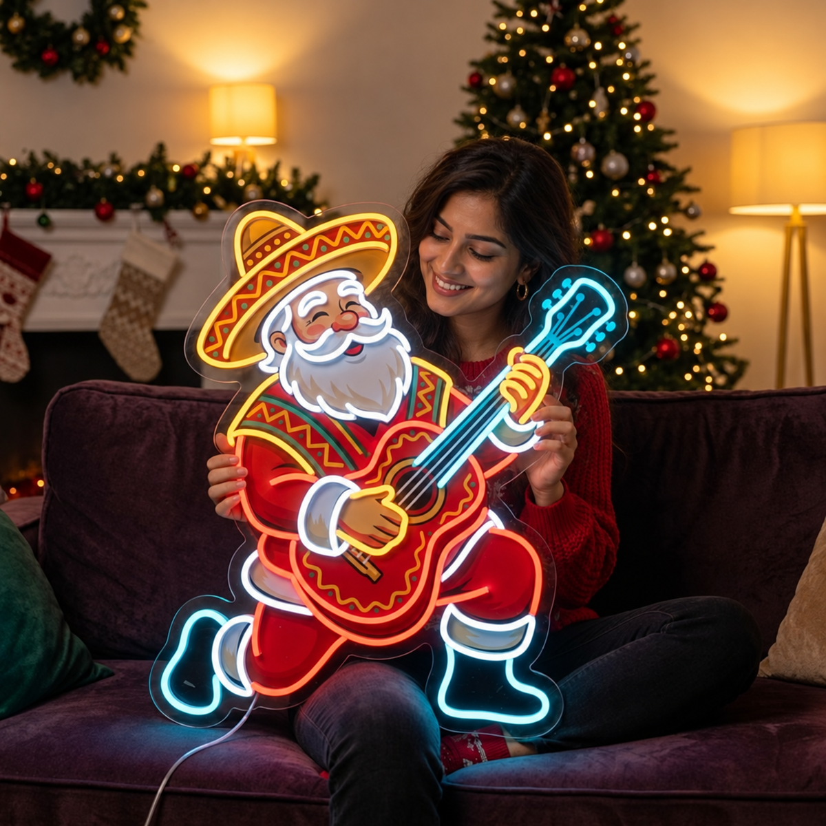 Mariachi Santa neon sign held up to show size – 20x24 inch Christmas LED neon sign