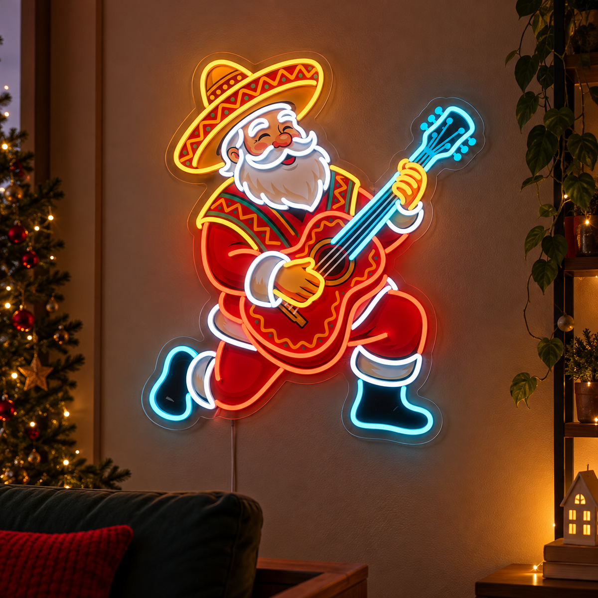 Mariachi Santa neon sign on a wall – guitar-playing Santa Claus in sombrero, LED Christmas wall art