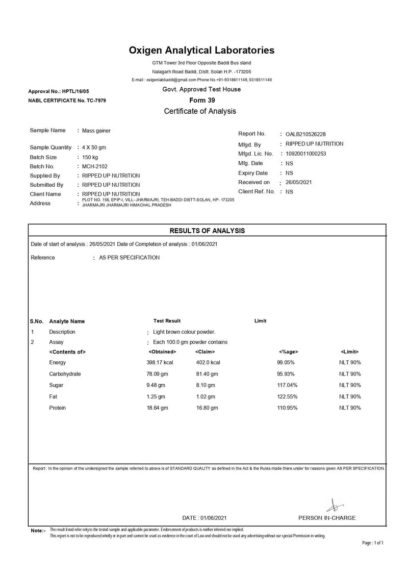 Mass Gainer - Ripped Up Nutrition