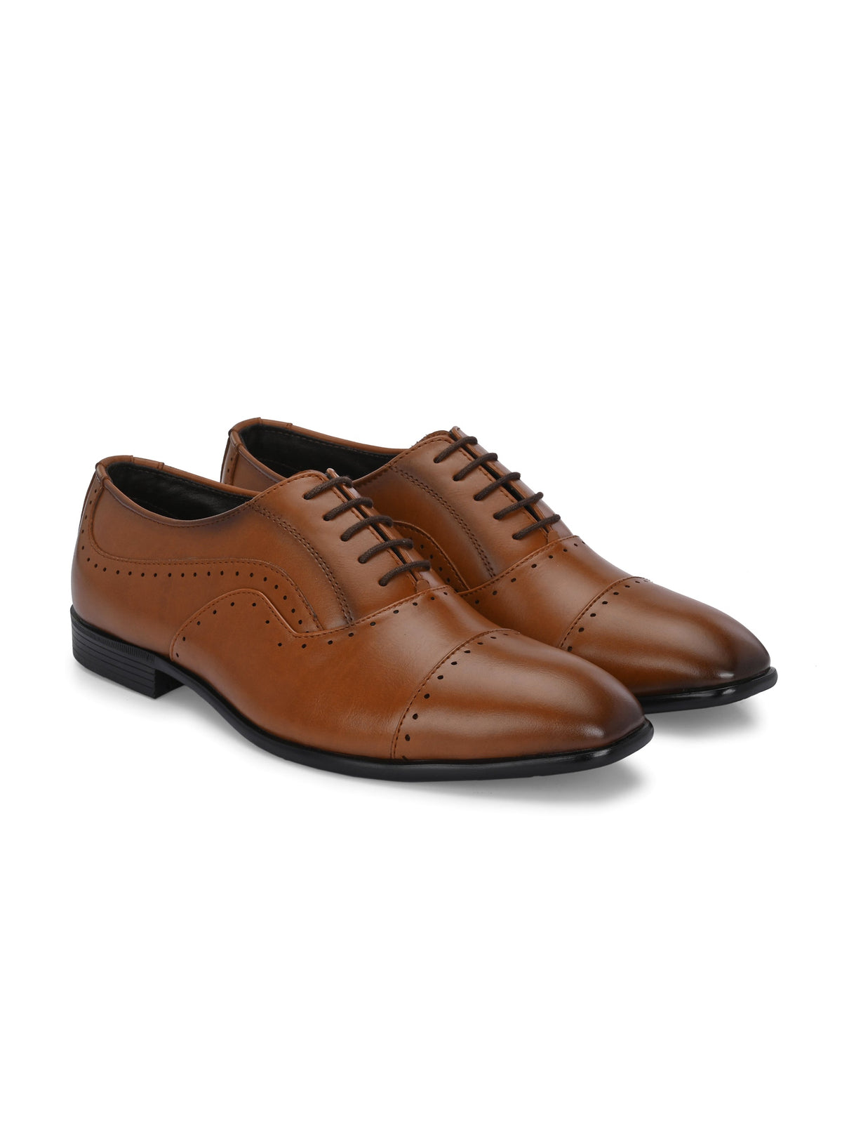 Men's leather formal shoes online, brown lace-up design with perforated toe cap and sides, low black heel.
