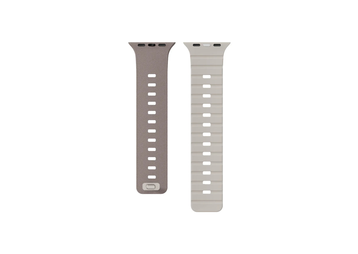 Misty Grey & Starlight Apple Watch strap components showing the textured outer band and Starlight inner band