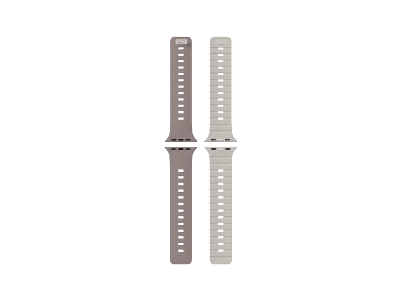 Misty Grey & Starlight Apple Watch strap showing the magnetic closure, adjustment holes and Starlight inner surface