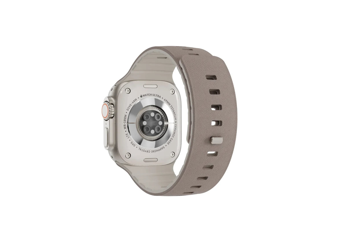 Misty Grey & Starlight Apple Watch strap shown from the rear with textured silicone exterior and Starlight inner lining