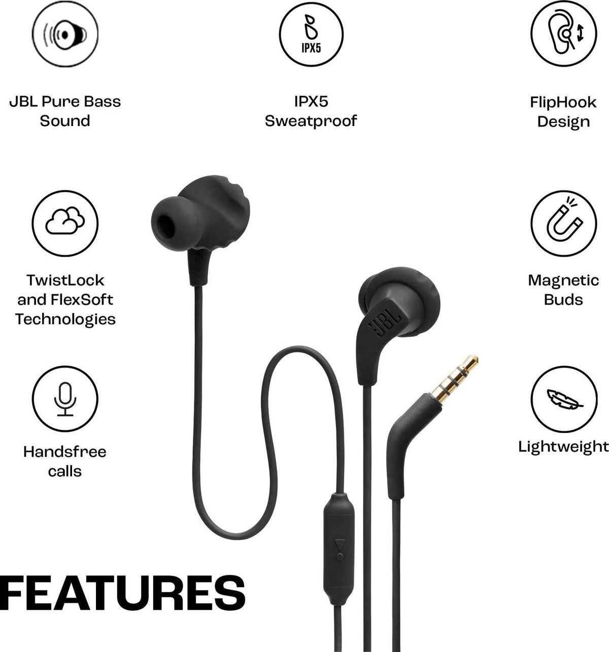 JBL Endurance Run 2 with Fliphook & TwistLock Technology, Pure Bass, IPX5 Sweatproof Wired Headset (Black, In the Ear)