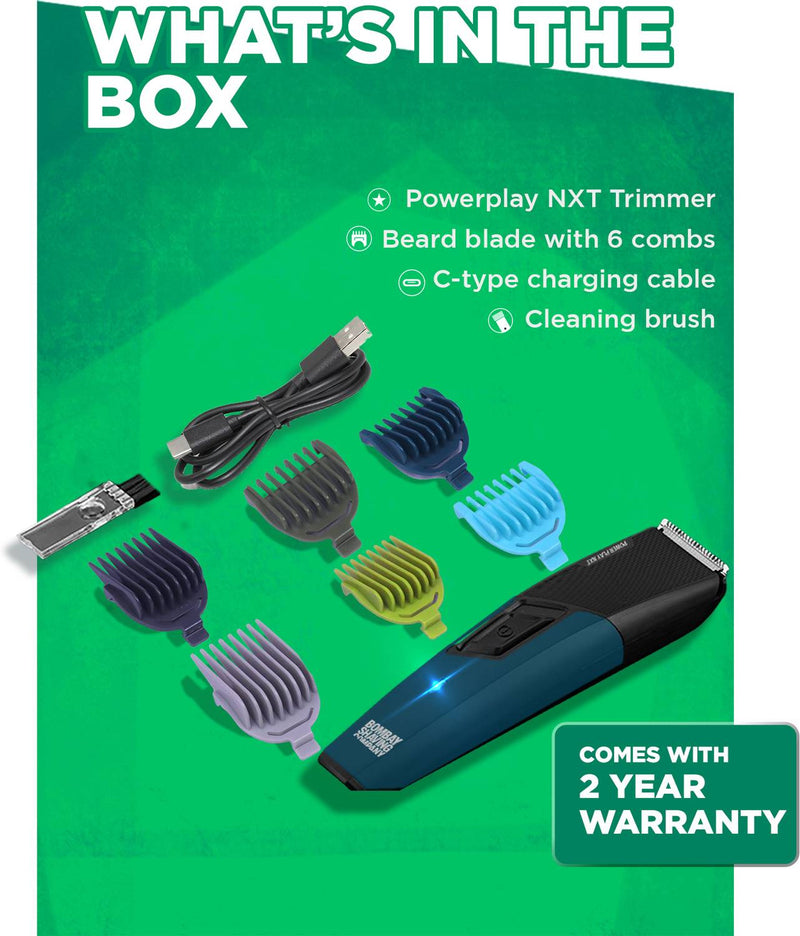 Bombay Shaving Company Power Play NXT 9 Weeks of trim, 90 mins run time, Type C, Self sharpening blades Fully Waterproof Trimmer 90 min Runtime 6 Length Settings (Blue)