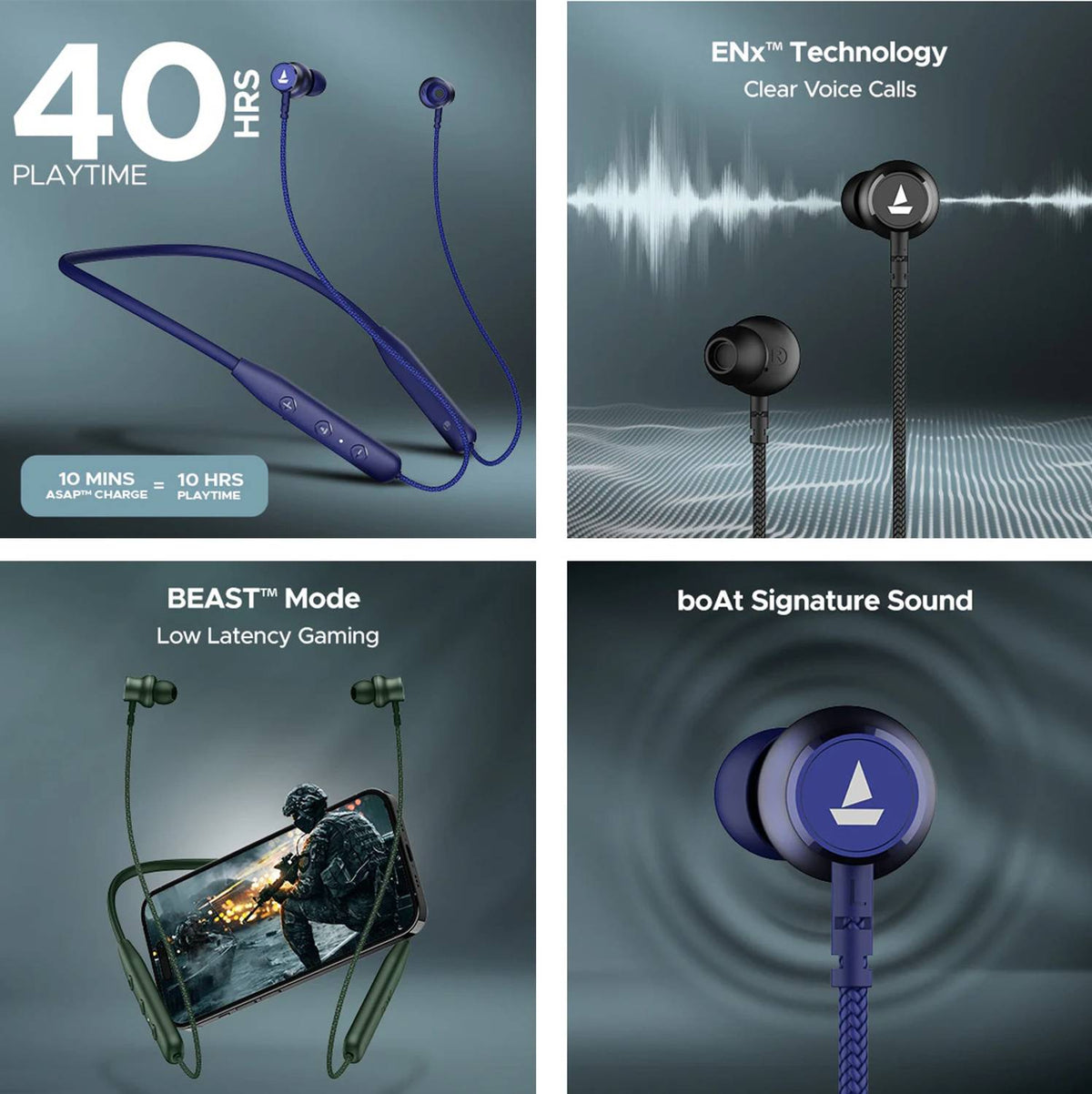 boAt Rockerz 110 with 40 HRS Playback, ENx Technology, Beast Mode & ASAP Charge Bluetooth Headset (Fern Green, In the Ear)