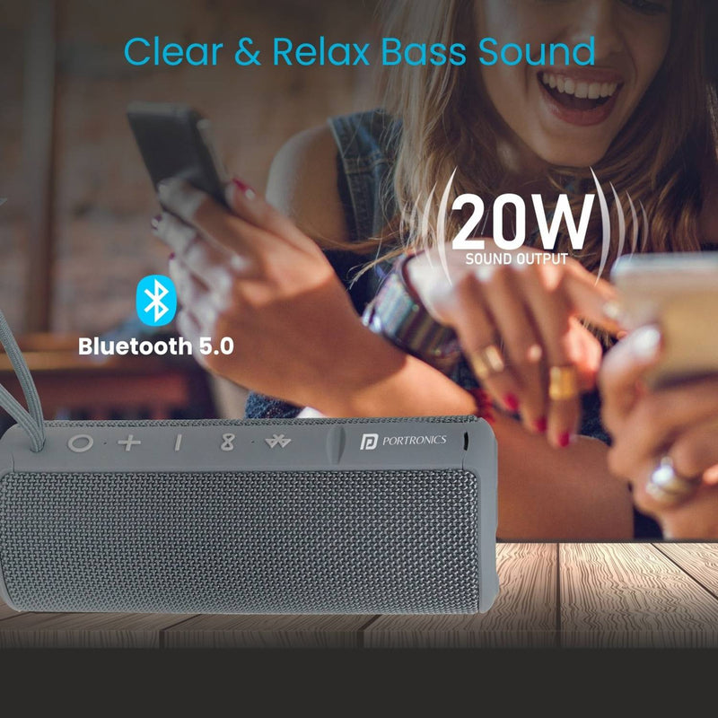 Portronics Breeze Plus 20W Portable Stereo Speaker with TWS, Aux in, Water Resistant 20 W Bluetooth Speaker (Grey, Stereo Channel)
