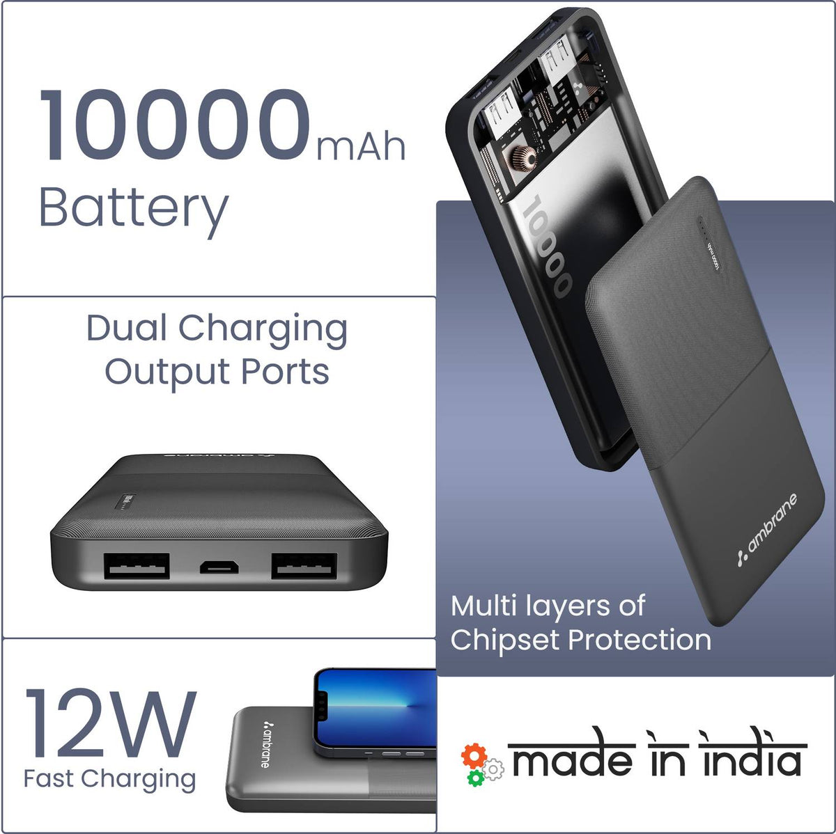 Ambrane 10000 mAh 12 W Compact Pocket Size Power Bank (Black, Lithium Polymer, Fast Charging for Mobile)