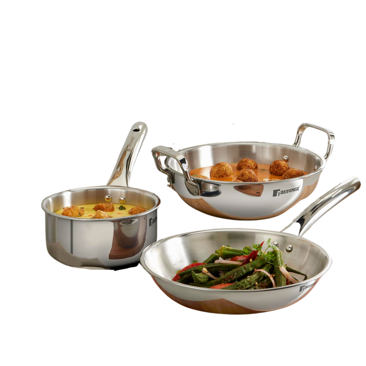 Bergner Tripro Triply Stainless Steel 3 Pc Cookware Set, 22 cm Indian Wok/Kadai, 22 cm Frypan, 14 cm Tea Pan, Even and F