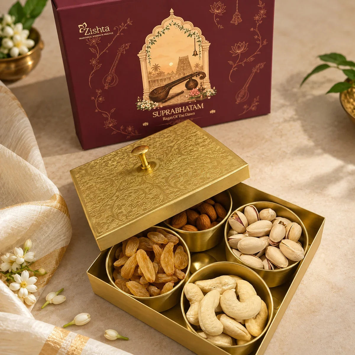Top view of a Zishta square brass dry fruit dabba with raisins, almonds, pistachios and cashews in four cups, a Diwali corporate gift